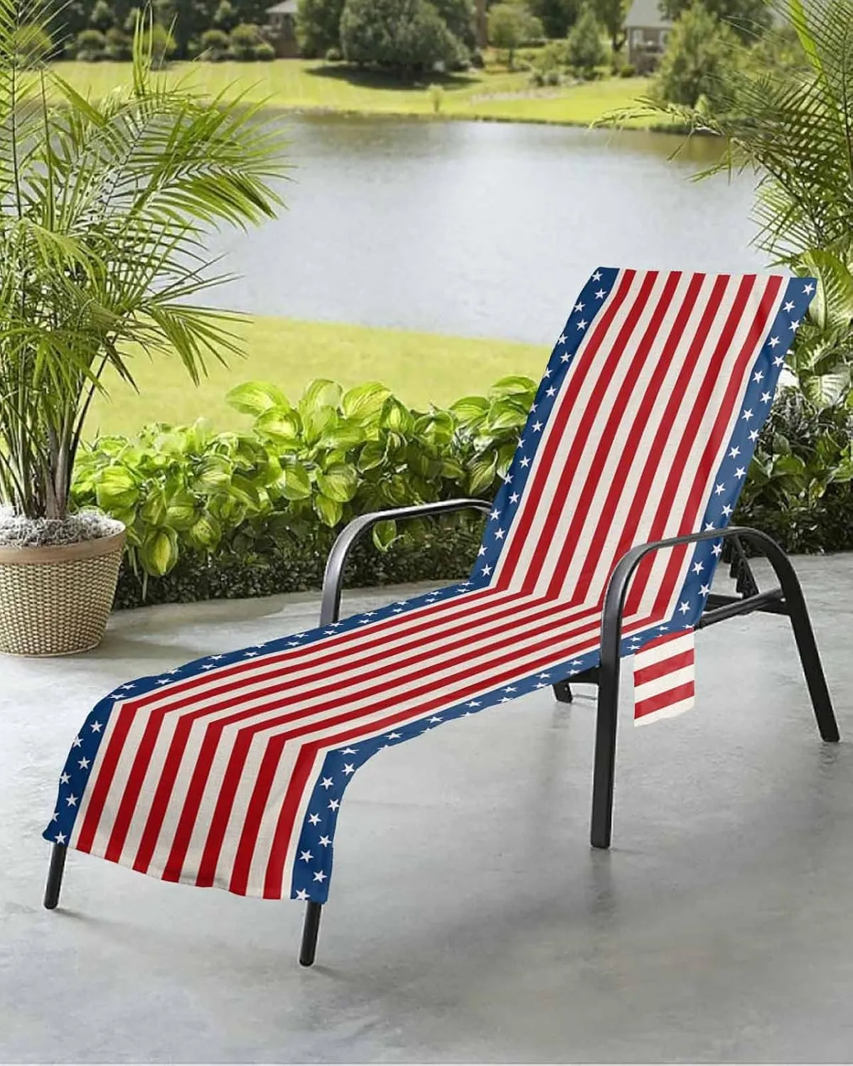 4th of July Red Chaise Lounger Cover with Pockets, Pool Lounge Chair Covers 85"x29", Blue Independence Day Striped Star Microfiber Beach Chair Cover for Outdoor Patio Sunbathing