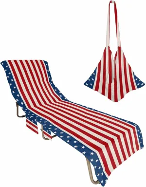 4th of July Red Chaise Lounger Cover with Pockets, Pool Lounge Chair Covers 85"x29", Blue Independence Day Striped Star Microfiber Beach Chair Cover for Outdoor Patio Sunbathing