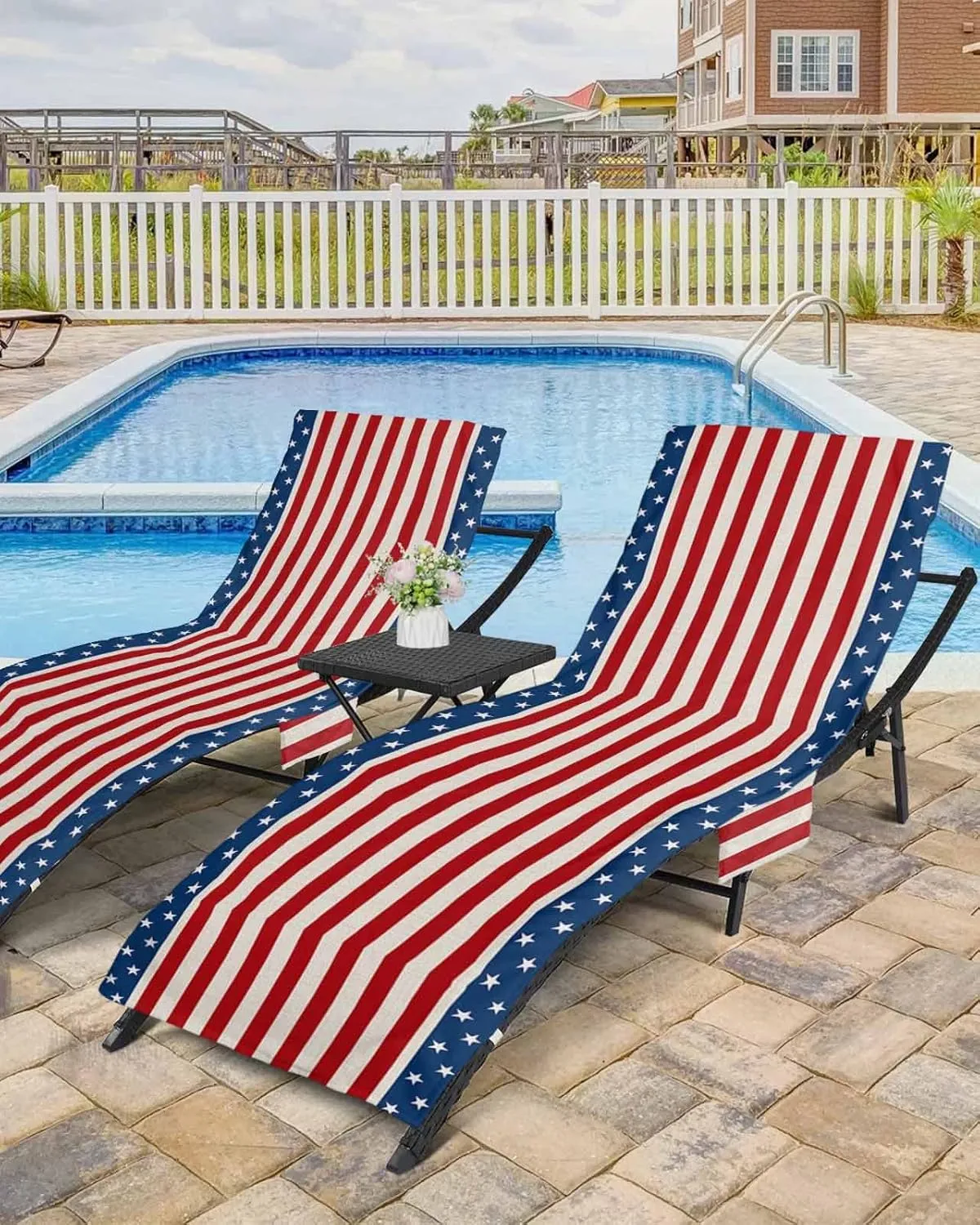 4th of July Red Chaise Lounger Cover with Pockets, Pool Lounge Chair Covers 85"x29", Blue Independence Day Striped Star Microfiber Beach Chair Cover for Outdoor Patio Sunbathing