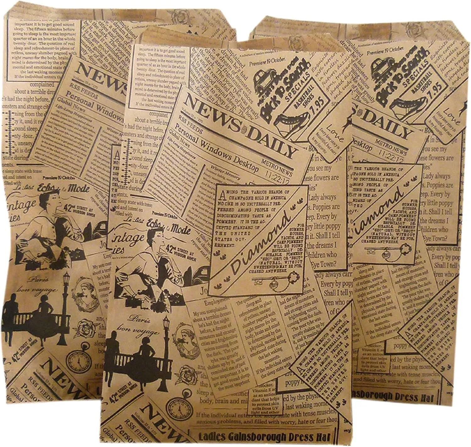 50 Qty 6" x 9" Newspaper Print Flat Plain Paper Gift Bags or Patterned Decorative Bags for candy, cookies, merchandise, pens, Party favors, showers, holidays, events and gifts