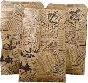 50 Qty 6" x 9" Newspaper Print Flat Plain Paper Gift Bags or Patterned Decorative Bags for candy, cookies, merchandise, pens, Party favors, showers, holidays, events and gifts