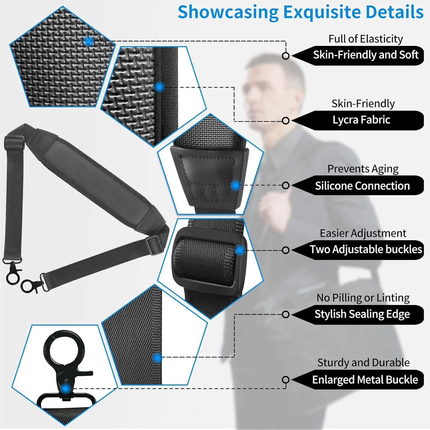 58" Neoprene Shoulder Strap, Soft Universal Replacement Non-Slip Luggage Strap with Double Adjustable Buckles and Large Metal Hook Fits Duffle Messenger Tool Bag Gym Bag