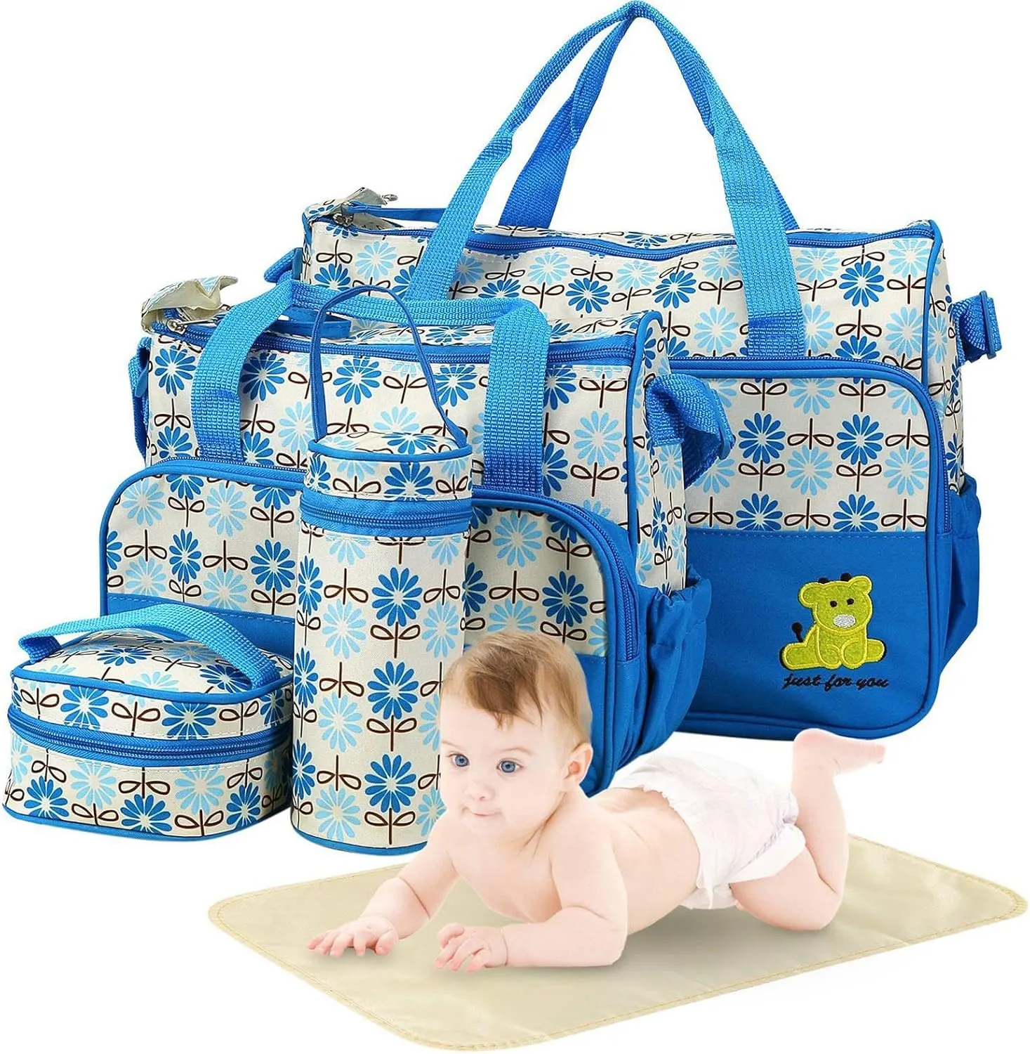5Pcs Diaper Bag Tote Set,Large Mommy Bag with Portable Nappy Changing Pad,Pacifier Case,Travel Baby Bags for Mom