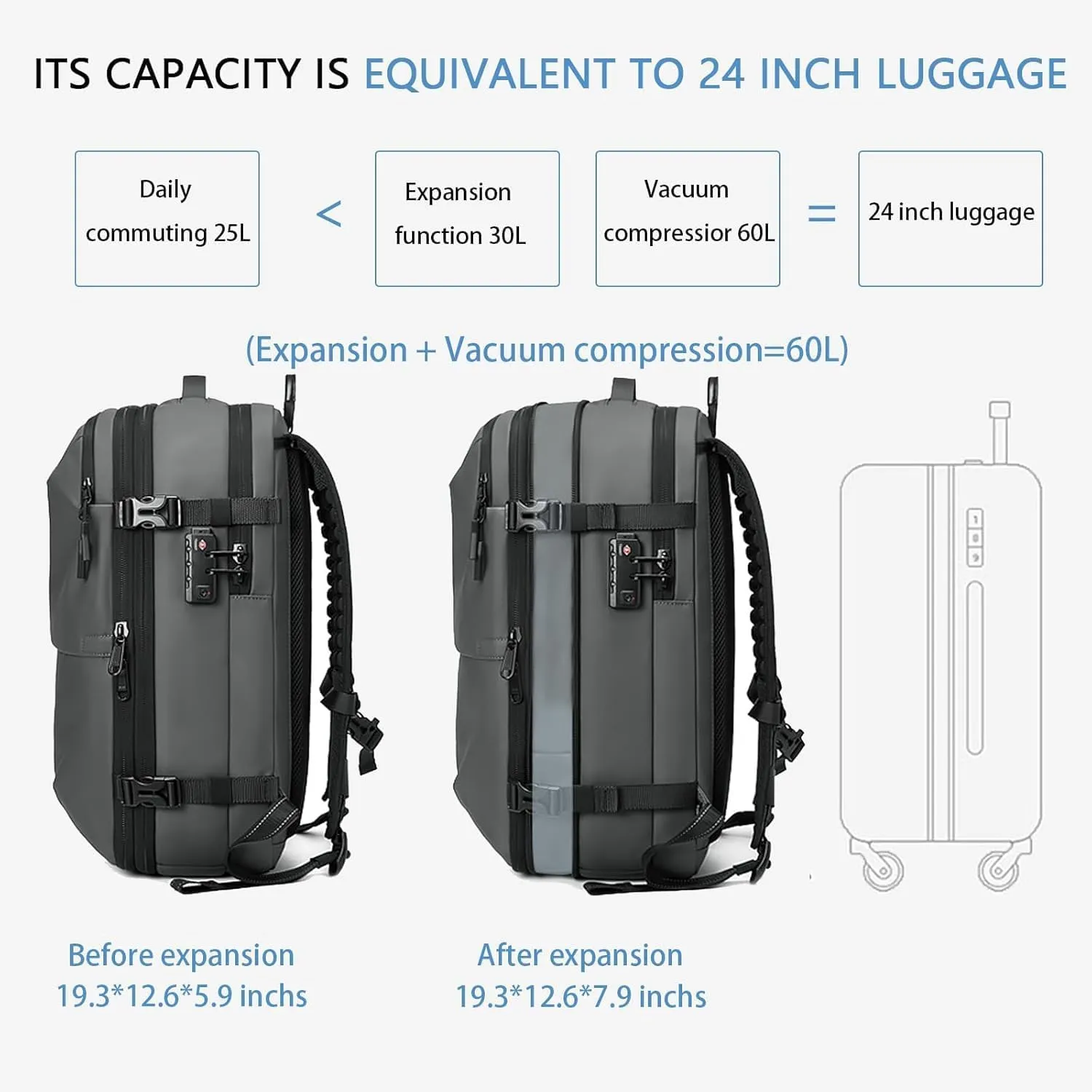 60L Airback Backpacks Expandable Travel Backpack Vacuum Compression Carry on BackPack Anti-theft Waterproof 17inch Laptop Bag
