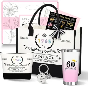 60th 1965 Birthday Gifts for Women, 60 Year Old Birthday Fabulous Gifts for Women, Cool 60th Gift Canvas Tote Bag Set for Woman, Turning 60th Cup Gift Basket for Her Mom Sister Wife