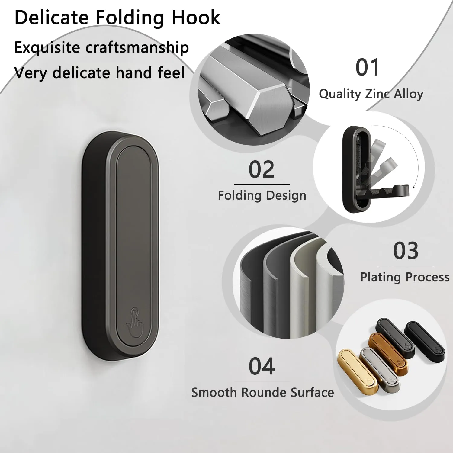 6PCS Foldable Invisible Hook Zinc Alloy Bathroom Wall Hook Retractable for Closet Scarf Hat Robe Key Purse Bag Folding Hooks Minimalist Style (Black)