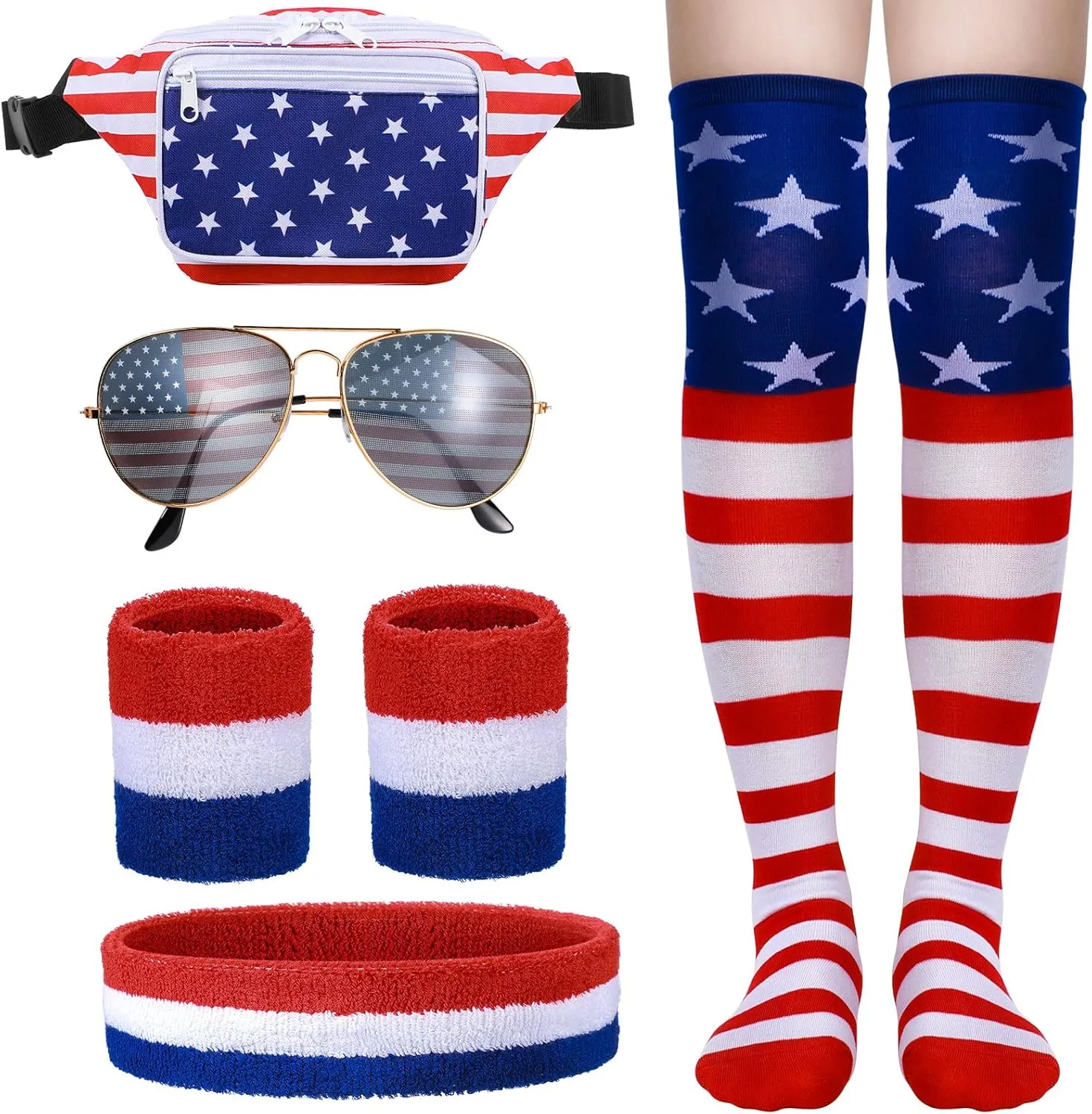 7 Pcs American Flag Fanny Pack Independence Day Waist Bag Red White and Blue Headband Wristband Socks USA Sunglasses for Women Men Patriotic Outfits 4th of July Labor Day Celebration Party Accessories