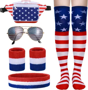 7 Pcs American Flag Fanny Pack Independence Day Waist Bag Red White and Blue Headband Wristband Socks USA Sunglasses for Women Men Patriotic Outfits 4th of July Labor Day Celebration Party Accessories