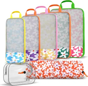 7 Piece Compression Packing Cubes Set - Boho Rainbow Flowers Ultra-Lightweight Travel Organizers with Reinforced Zippers for Luggage & Suitcases Compression Set (Durable Travel Accessories)