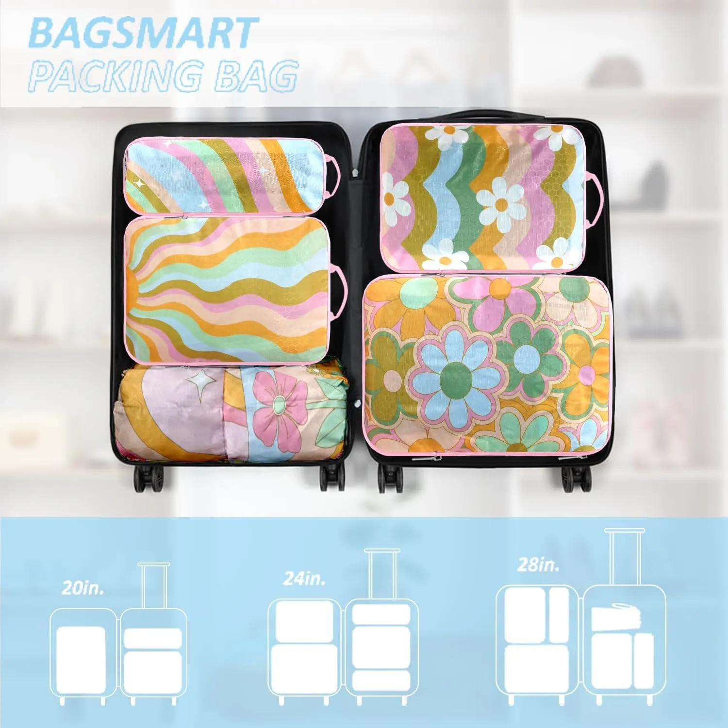 7 Piece Compression Packing Cubes Set - Boho Rainbow Flowers Ultra-Lightweight Travel Organizers with Reinforced Zippers for Luggage & Suitcases Compression Set (Durable Travel Accessories)