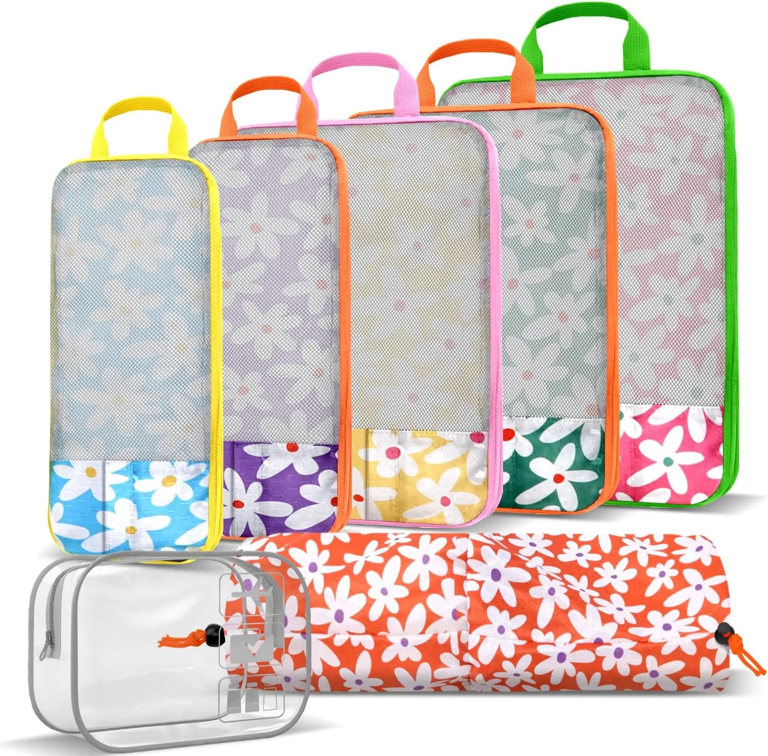 7 Piece Compression Packing Cubes Set - Boho Rainbow Flowers Ultra-Lightweight Travel Organizers with Reinforced Zippers for Luggage & Suitcases Compression Set (Durable Travel Accessories)