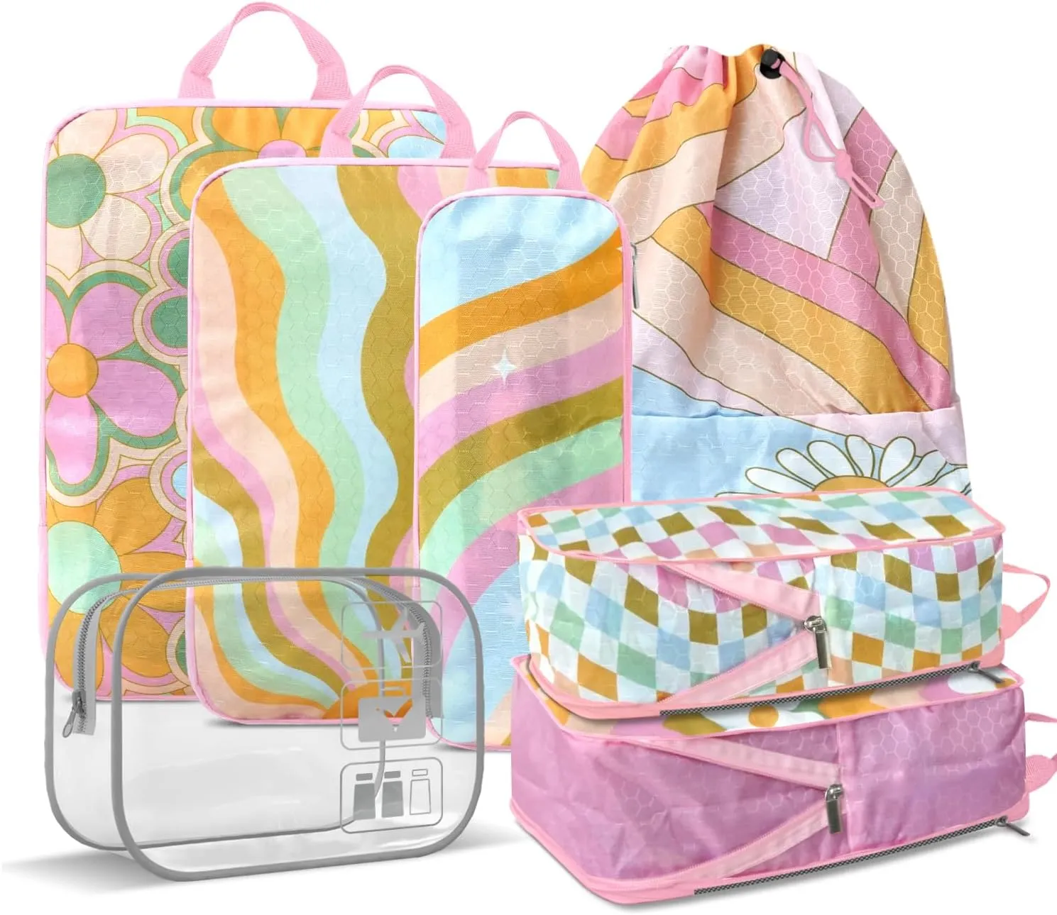 7 Piece Compression Packing Cubes Set - Boho Rainbow Flowers Ultra-Lightweight Travel Organizers with Reinforced Zippers for Luggage & Suitcases Compression Set (Durable Travel Accessories)