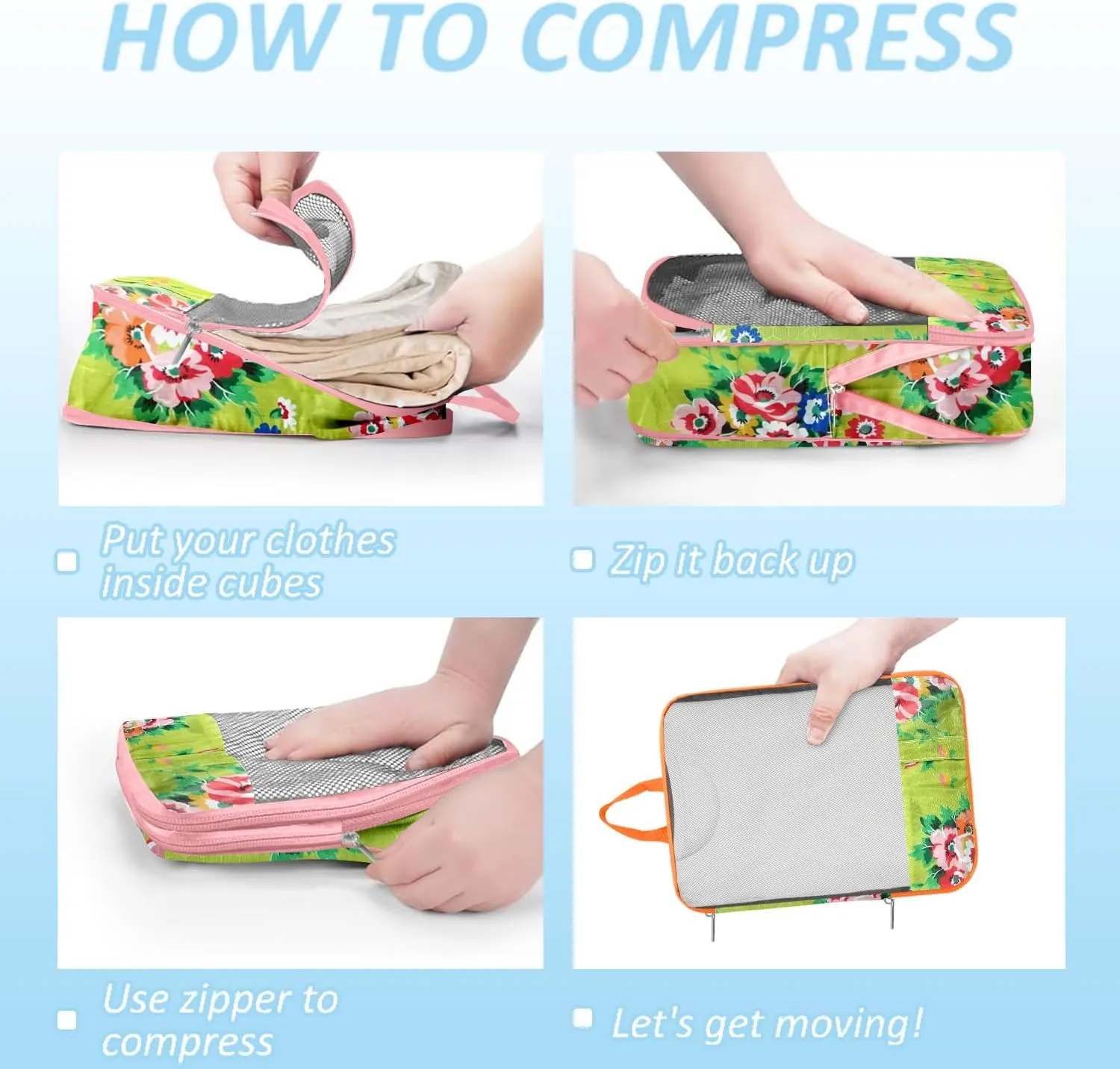 7 Piece Travel Compression Packing Cubes - Toiletry Kit Foldable Organizer Bags for Efficient Suitcase Packing - gingham print with lovely floral (Travel Essentials)