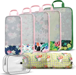 7 Piece Travel Compression Packing Cubes - Toiletry Kit Foldable Organizer Bags for Efficient Suitcase Packing - gingham print with lovely floral (Travel Essentials)