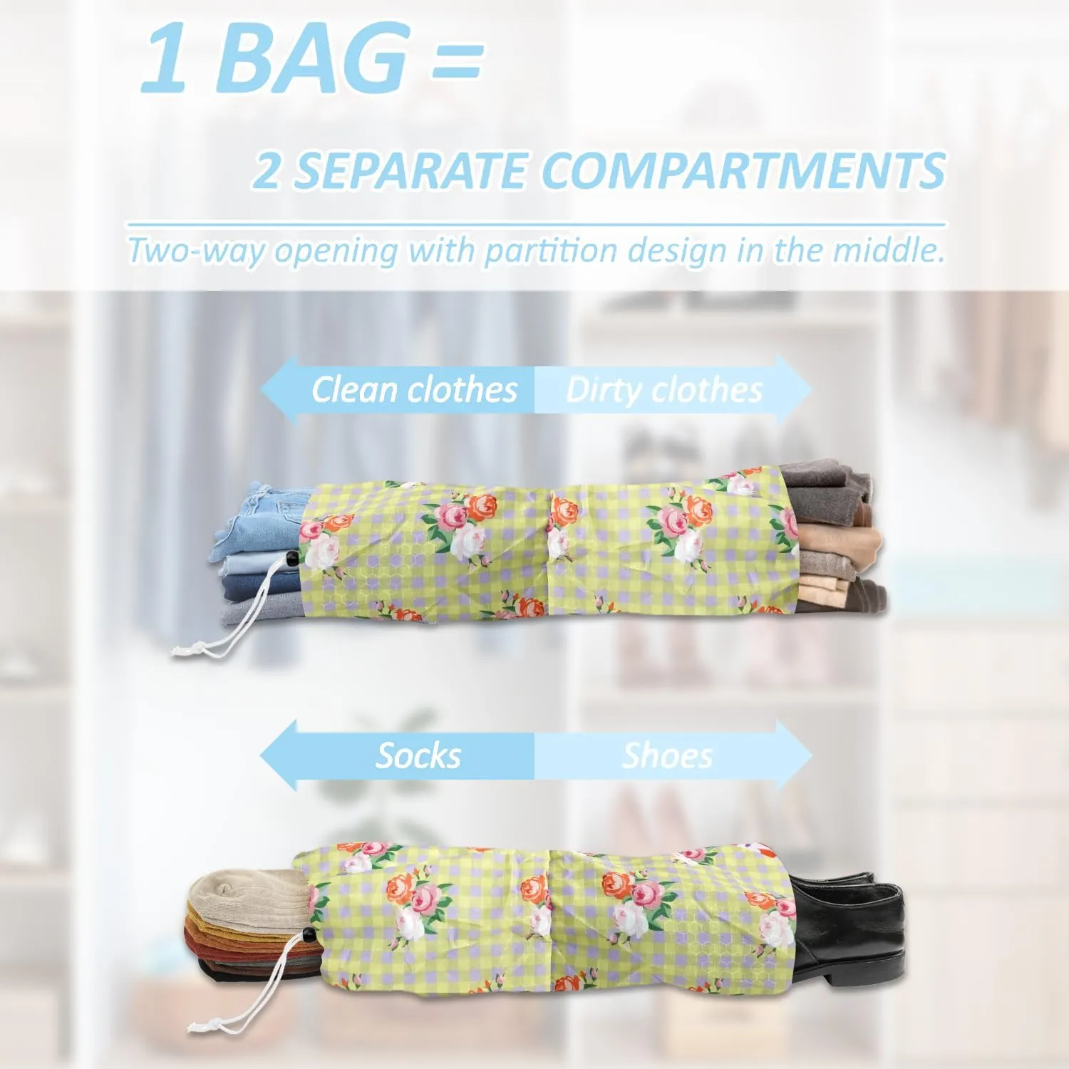 7 Piece Travel Compression Packing Cubes - Toiletry Kit Foldable Organizer Bags for Efficient Suitcase Packing - gingham print with lovely floral (Travel Essentials)