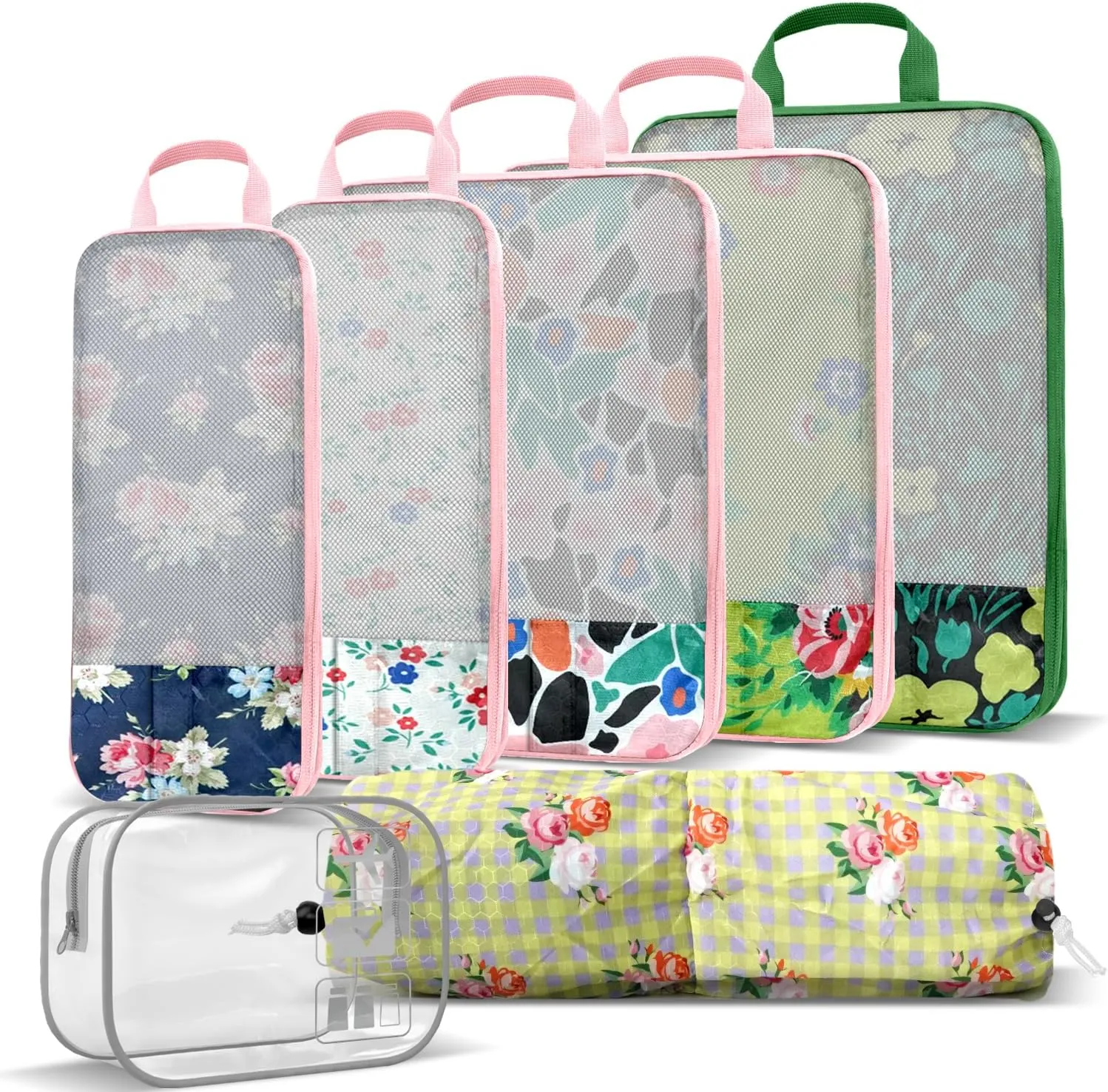 7 Piece Travel Compression Packing Cubes - Toiletry Kit Foldable Organizer Bags for Efficient Suitcase Packing - gingham print with lovely floral (Travel Essentials)