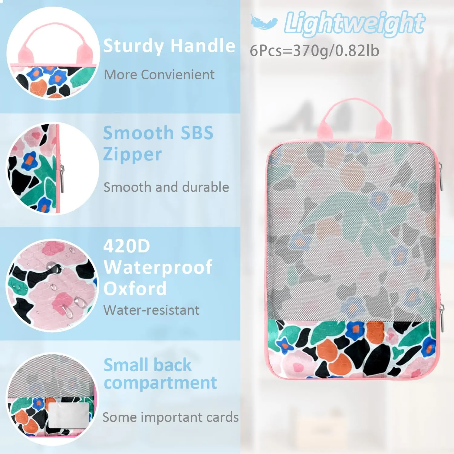 7 Piece Travel Compression Packing Cubes - Toiletry Kit Foldable Organizer Bags for Efficient Suitcase Packing - gingham print with lovely floral (Travel Essentials)