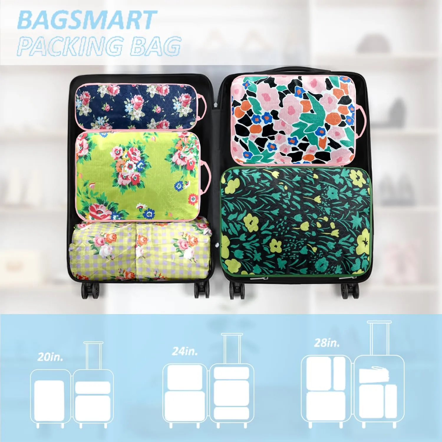 7 Piece Travel Compression Packing Cubes - Toiletry Kit Foldable Organizer Bags for Efficient Suitcase Packing - gingham print with lovely floral (Travel Essentials)