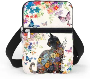 84hoods Crossbody Phone Bag with Adjustable Strap. Small Waterproof Cell Phone Purse for Women. Gift for Cat Lovers and Cat Owners. Flower Pattern.