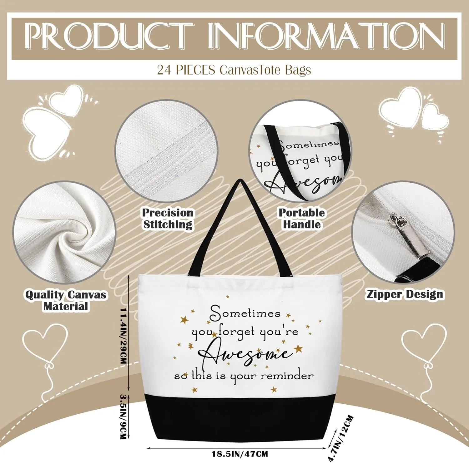 Abbylike 48 Pcs Appreciation Gift Bag Bulk Women Thank You Canvas Tote Cosmetic Bags for Employee Coworker Teacher Nurse