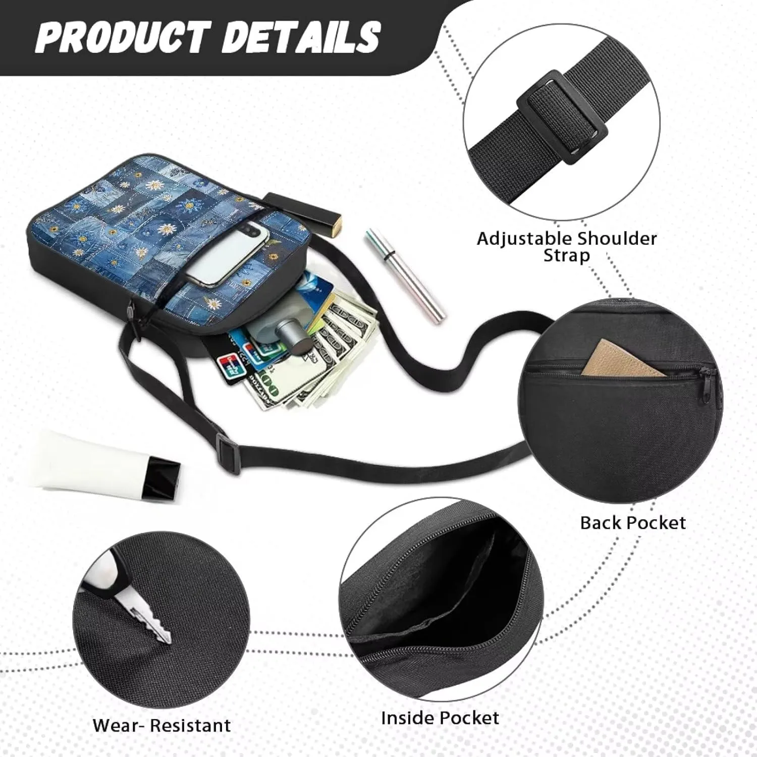 Abstract Jean Compact Small Messenger Bag Crossbody Purse with Adjustable Strap for Women Men Artists Painters Great for Daily Working Traveling Lightweight Fashion Cell Phone Purses Wallet Bags