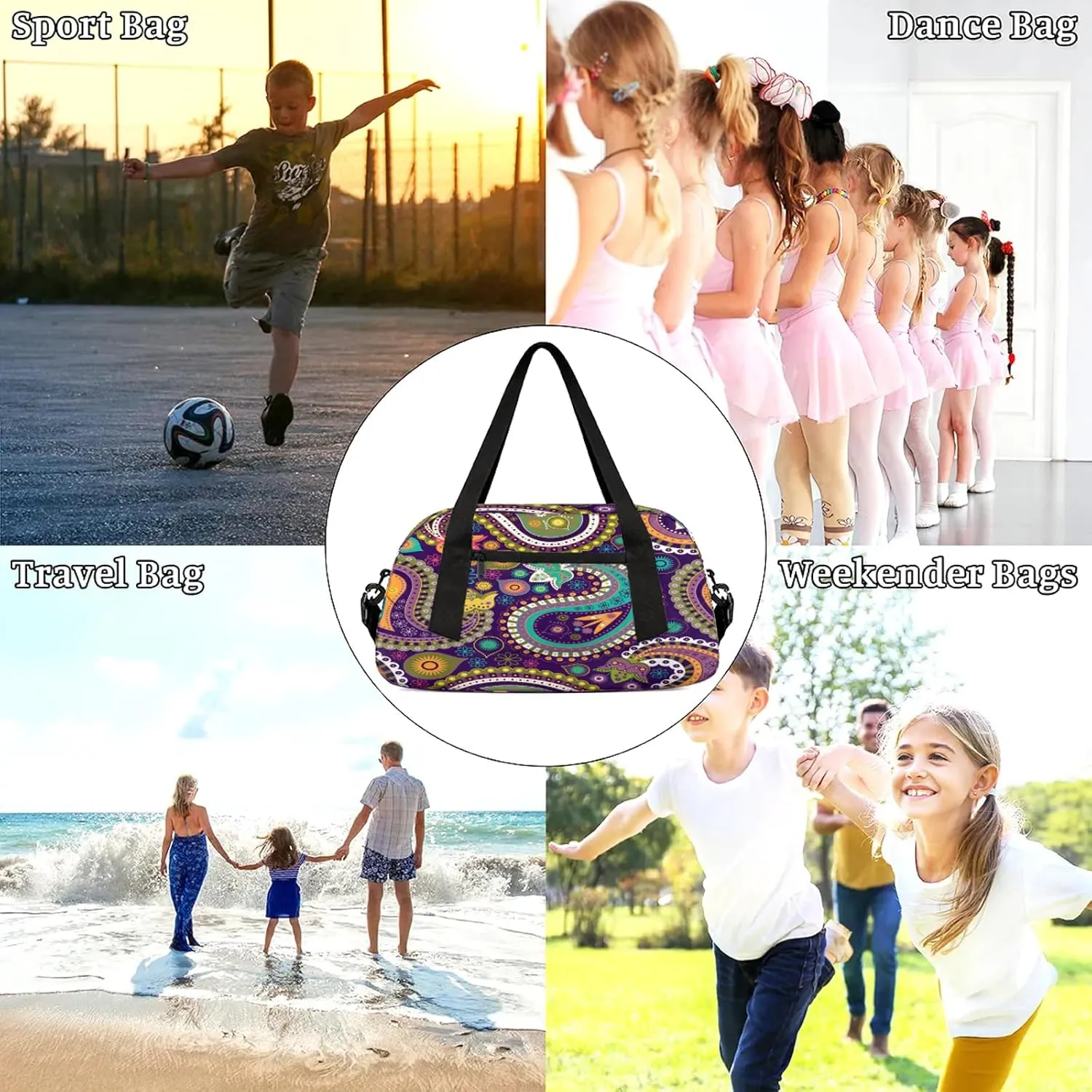 Abstract Paisley Kids Duffel Bag Lightweight Waterproof Sports Gym Bag with Front Zipper Pocket Foldable Weekender Overnight Bag for School Practice Gymnastic Ballet
