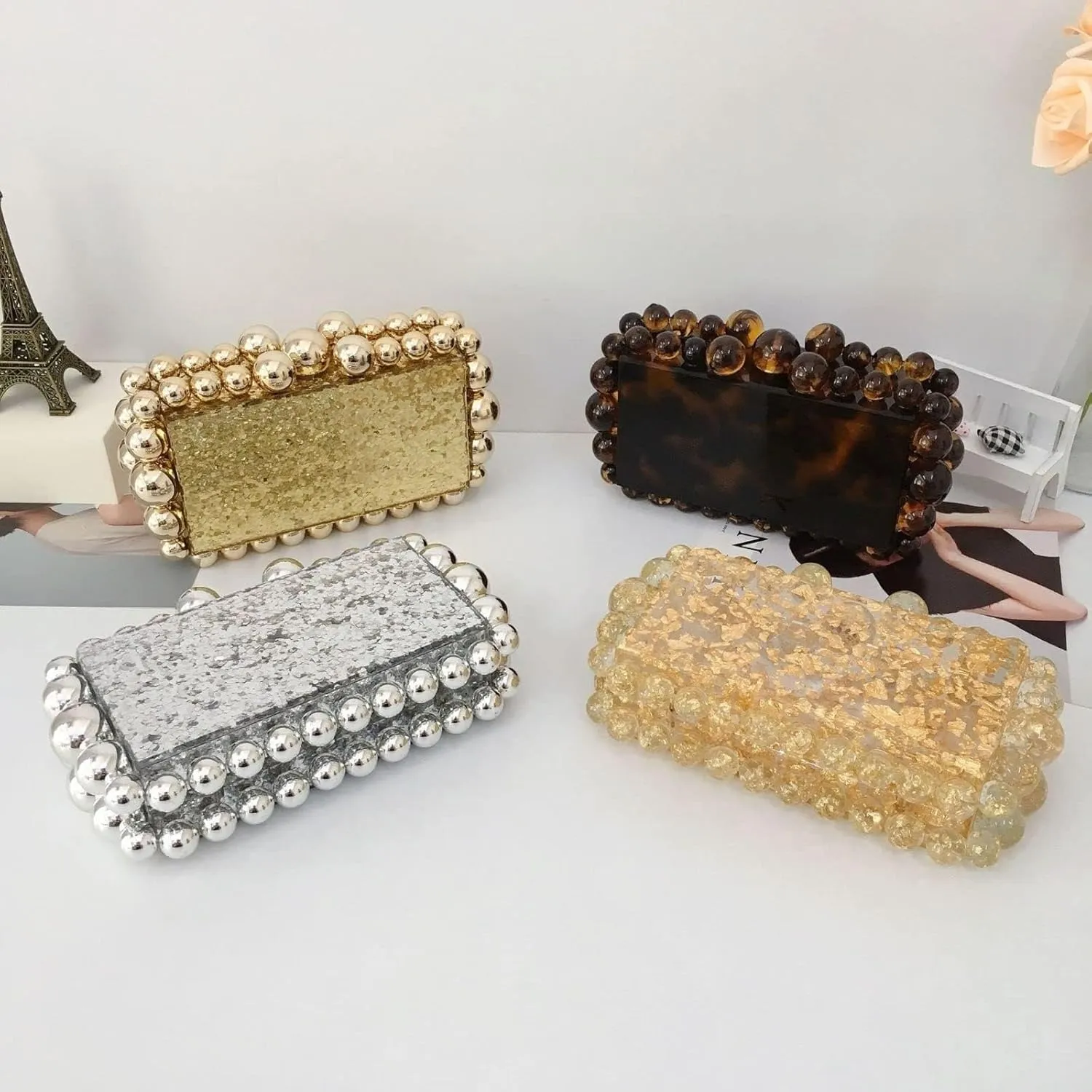Acrylic Evening Handbag Pearl Women's Clutch Shoulder Bag Crossbody Bag Square Box Wedding Cocktail Party Prom