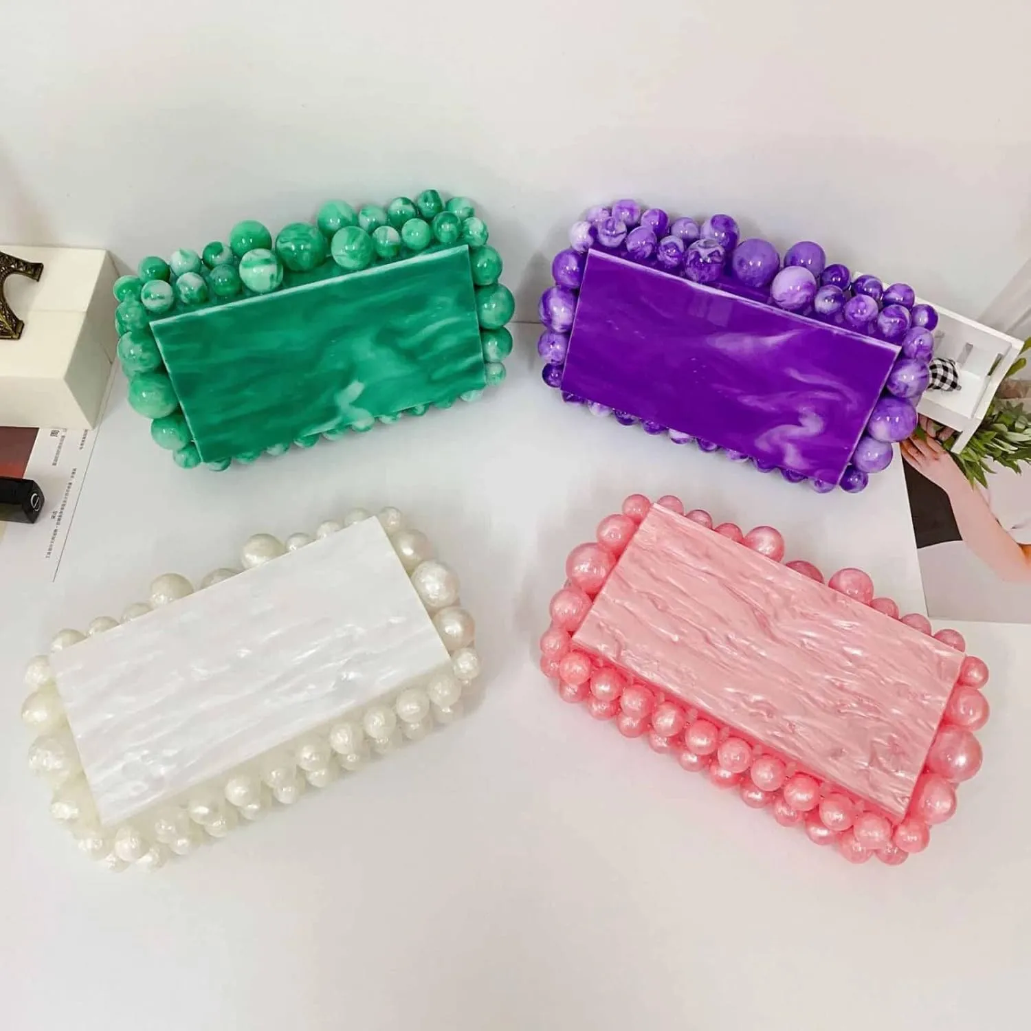 Acrylic Evening Handbag Pearl Women's Clutch Shoulder Bag Crossbody Bag Square Box Wedding Cocktail Party Prom