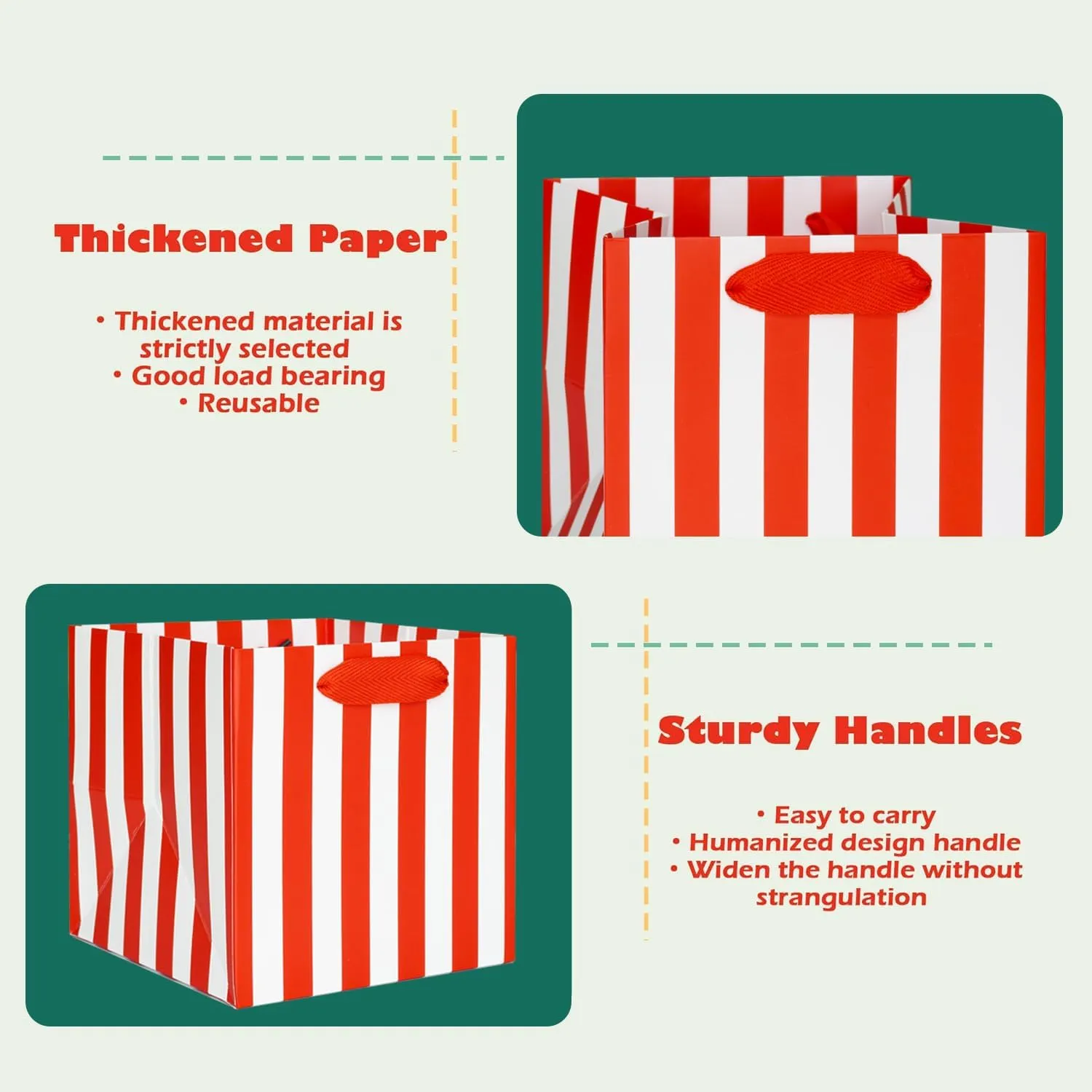 ADIDO EVA Red and White Striped Gift Bags, Red and White Gift Bags Small Square Gift Bag with Handles for Party Favor Bag (6x6x6 In, 10 CT)