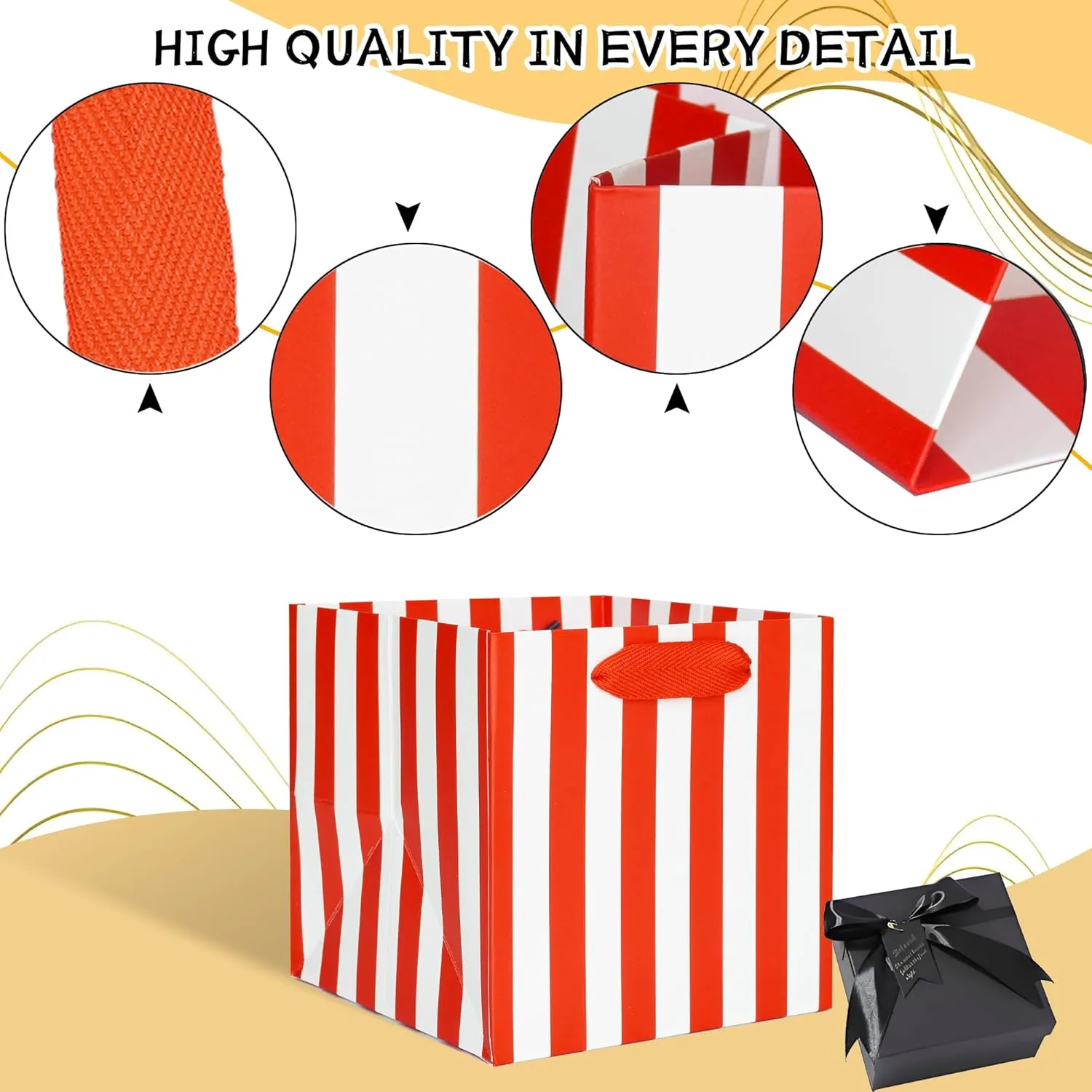 ADIDO EVA Red and White Striped Gift Bags, Red and White Gift Bags Small Square Gift Bag with Handles for Party Favor Bag (6x6x6 In, 10 CT)