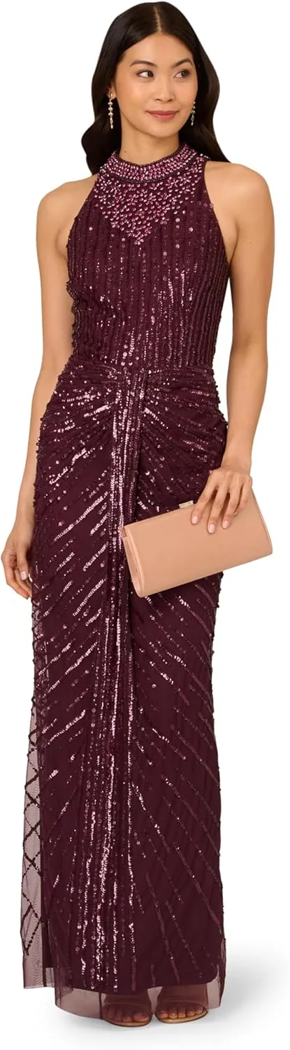 Adrianna Papell Women's Halter Bead Drape Long Dress