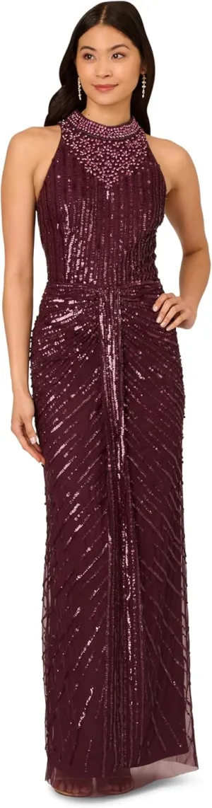 Adrianna Papell Women's Halter Bead Drape Long Dress