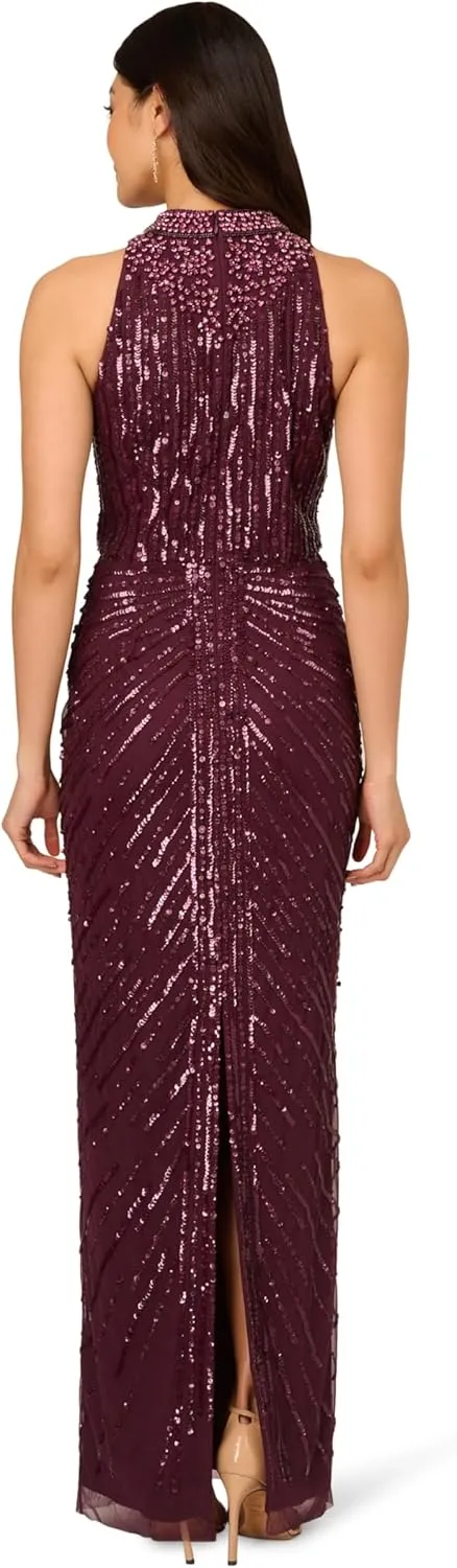 Adrianna Papell Women's Halter Bead Drape Long Dress