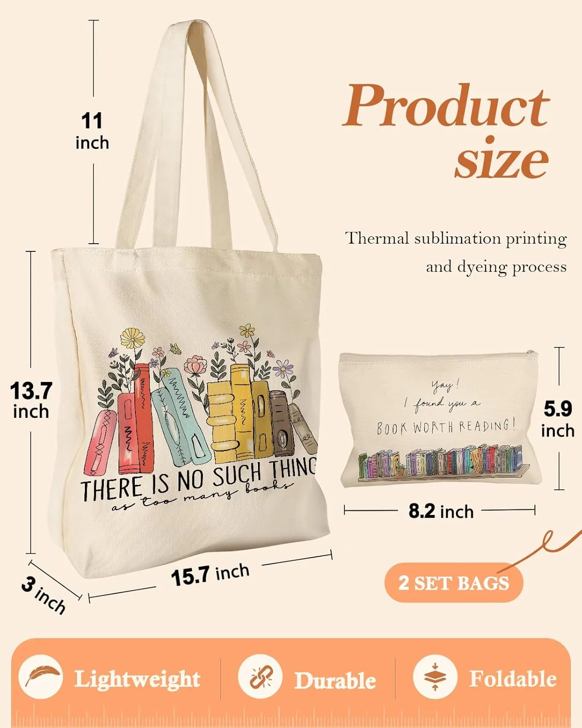 Aesthetic 2 Pack Canvas Tote Bag - with Makeup Zipper Pouch for Women Bag for Shopping, Gym, Travel, Vacation