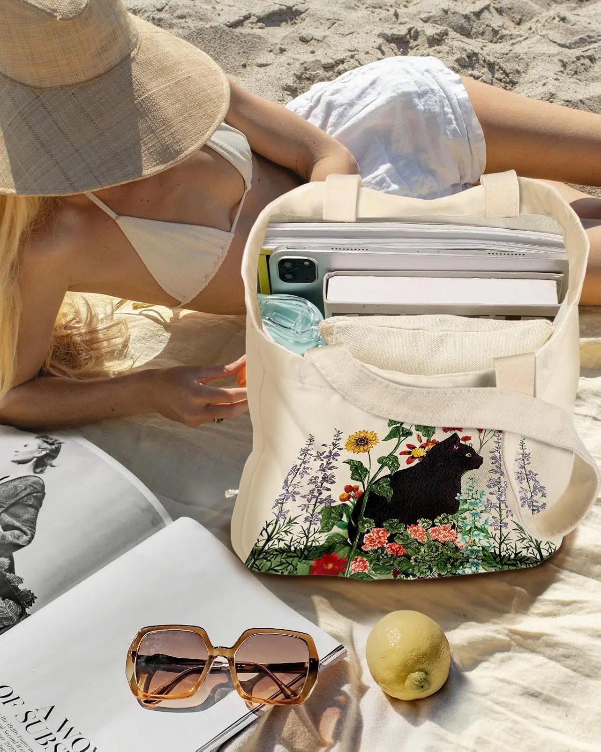 Aesthetic 2 Pack Canvas Tote Bag - with Makeup Zipper Pouch for Women Bag for Shopping, Gym, Travel, Vacation
