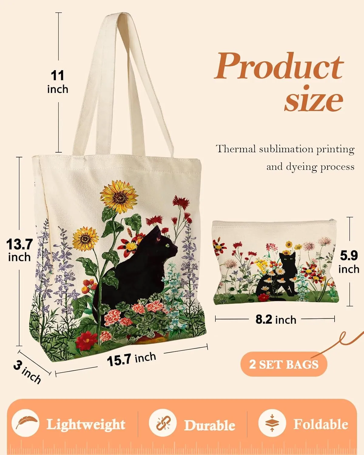 Aesthetic 2 Pack Canvas Tote Bag - with Makeup Zipper Pouch for Women Bag for Shopping, Gym, Travel, Vacation