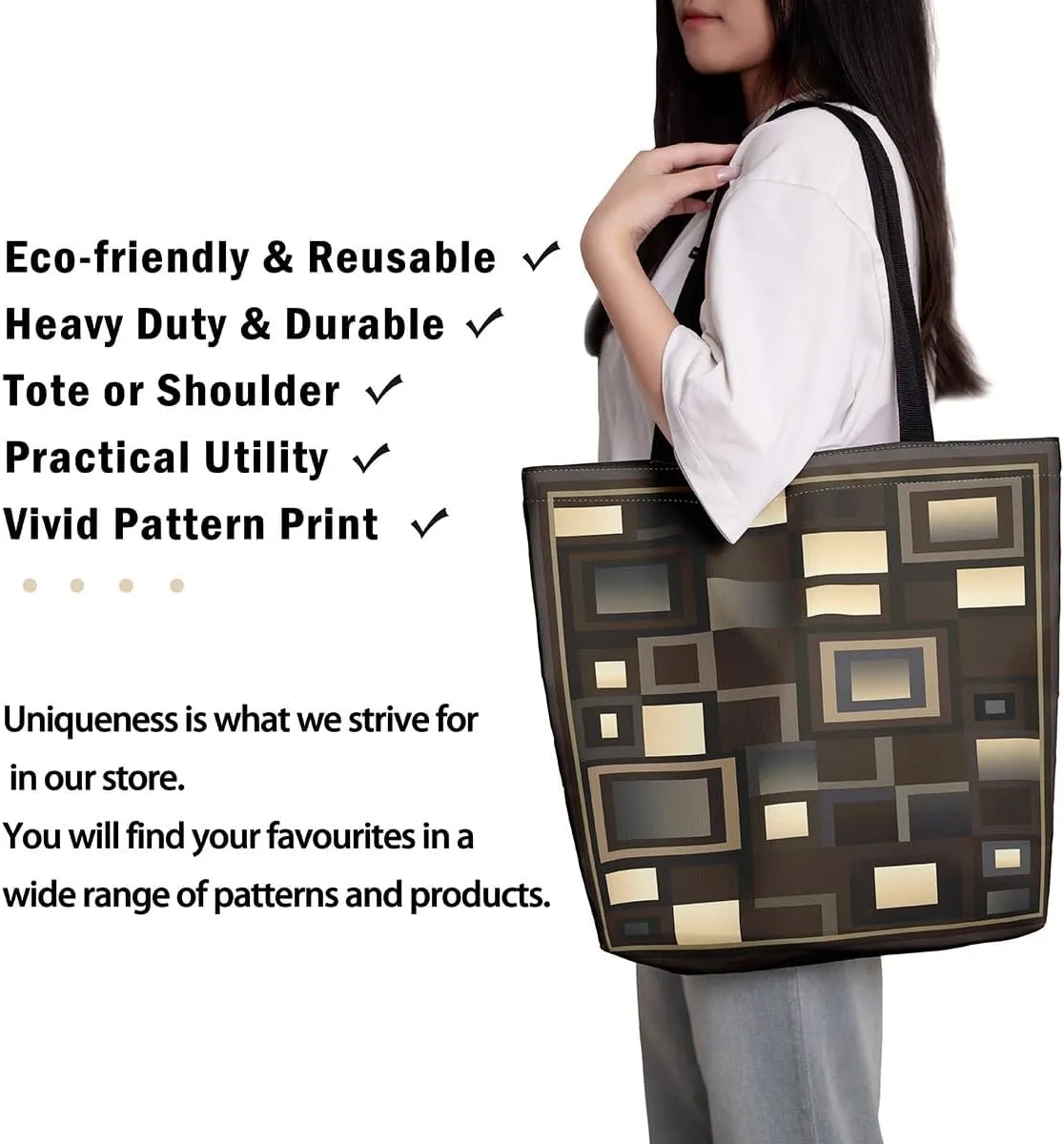 Aesthetic Canvas Tote Bag for Women,Black White Grid Reusable Grocery Handbag,Visual Abstraction Shopping Canvas Bags