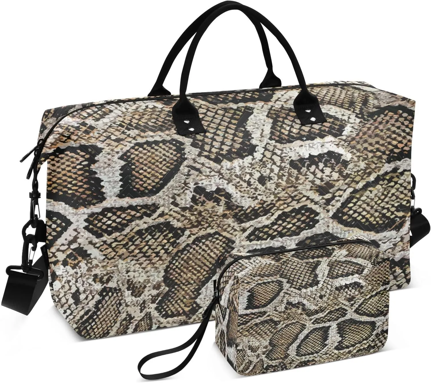 Aflyko Animal Print Travel Duffel Bag Snakeskin Dark Brown Sport Tote Gym Bag Weekender Overnight Bag for Men Women Flight Approved Carry On Bag Fitness Dance Go-To Bag Daily Bag