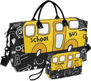 Aflyko Travel Duffel Bag Yellow School Bus Black White Sport Tote Gym Bag Weekender Overnight Bag for Men Women Flight Approved Carry On Bag Fitness Dance Go-To Bag Daily Bag