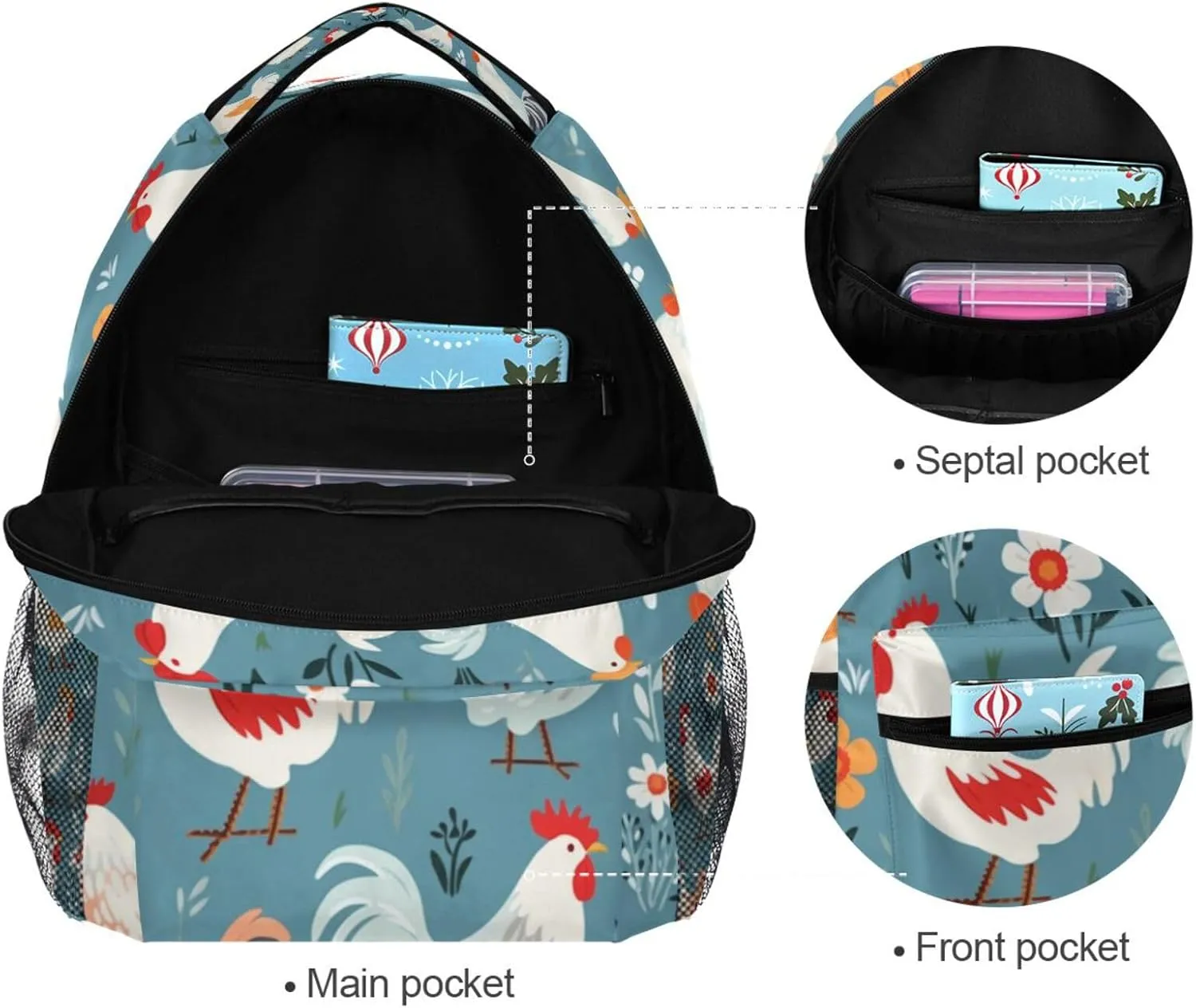ALAZA Chicken Backpacks for Girls Elementary School Bag Laptop Bookbag Kids Personalized Travel Daypack 3rd 4th 5th Grade Students Rucksack Rooster Farmhouse