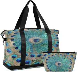ALAZA Classical Peacock Feathers Travel Duffel Bag for Women Men Sports Gym Bag with Shoe Compartment Tote Weekender Overnight Bag with Wet Pocket for Travel, Gym,Yoga,Swimming
