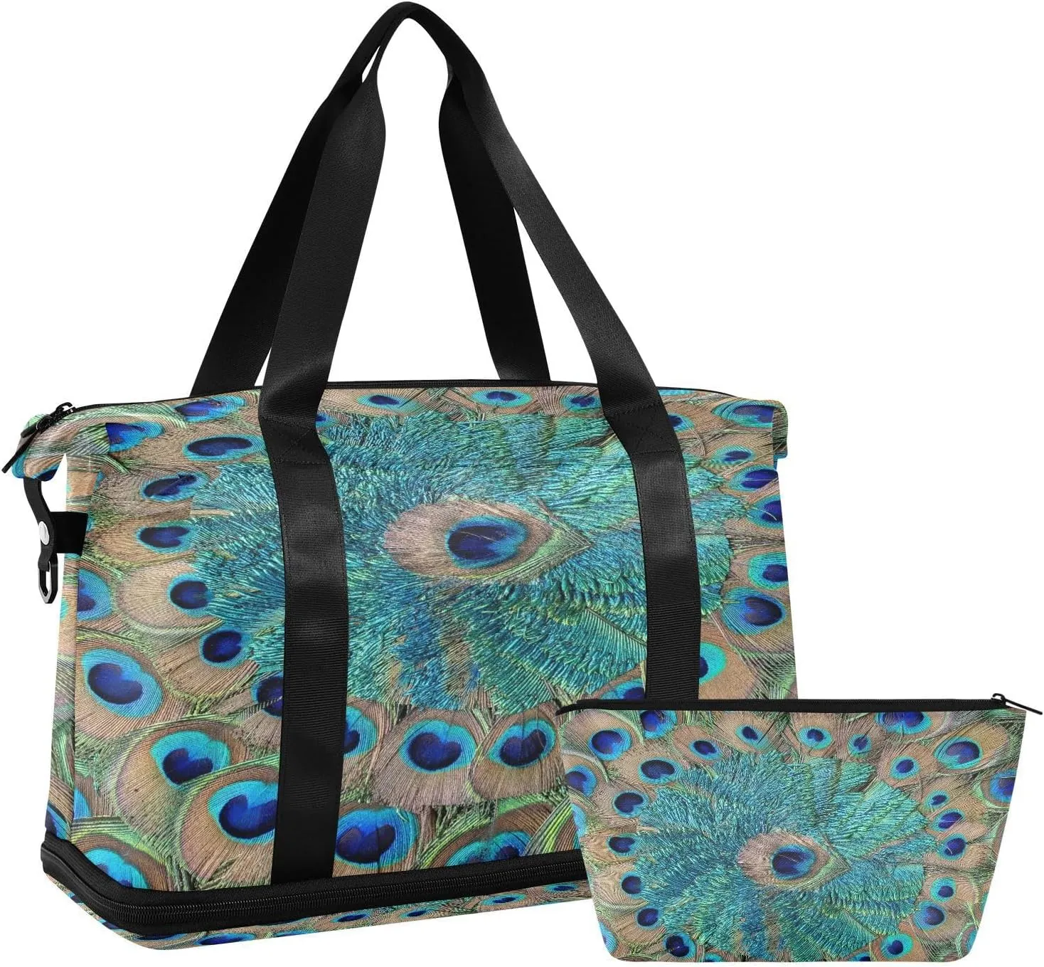 ALAZA Classical Peacock Feathers Travel Duffel Bag for Women Men Sports Gym Bag with Shoe Compartment Tote Weekender Overnight Bag with Wet Pocket for Travel, Gym,Yoga,Swimming