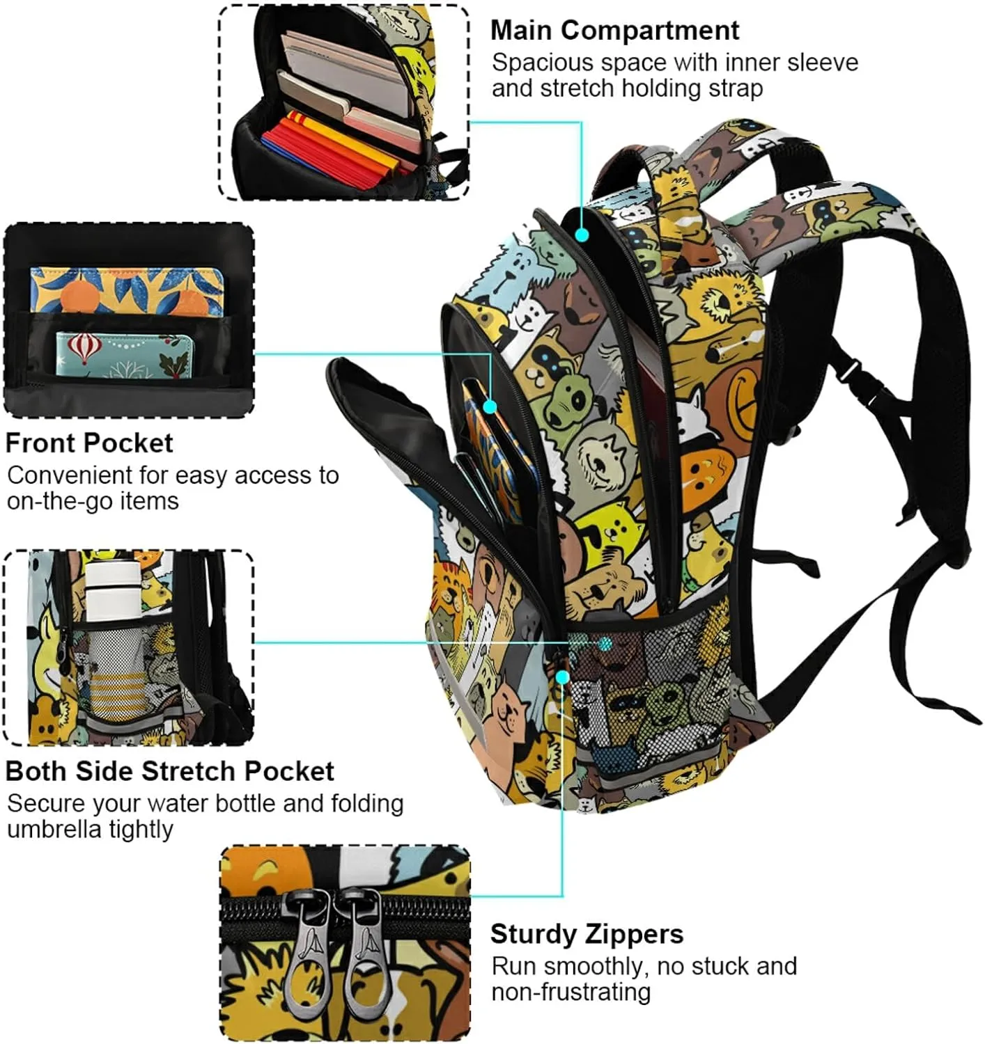 ALAZA Cute Cartoon Doodle Dogs and Cats Backpacks Travel Laptop Daypack School Book Bag for Men Women Teens Kids