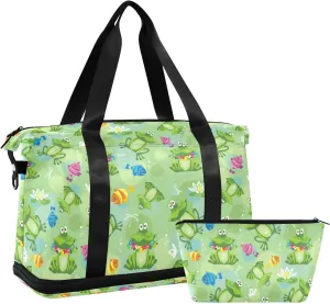 ALAZA Cute Cartoon Lotus Pond Frog Travel Duffel Bag for Women Men Sports Gym Bag with Shoe Compartment Tote Weekender Overnight Bag with Wet Pocket for Travel, Gym,Yoga,Swimming