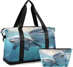 ALAZA Cute Dolphin under The Sea Travel Duffel Bag for Women Men Sports Gym Bag with Shoe Compartment Tote Weekender Overnight Bag with Wet Pocket for Travel, Gym,Yoga,Swimming
