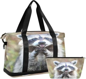 ALAZA Cute Raccoon Portrait Animal Travel Duffel Bag for Women Men Sports Gym Bag with Shoe Compartment Tote Weekender Overnight Bag with Wet Pocket for Travel, Gym,Yoga,Swimming