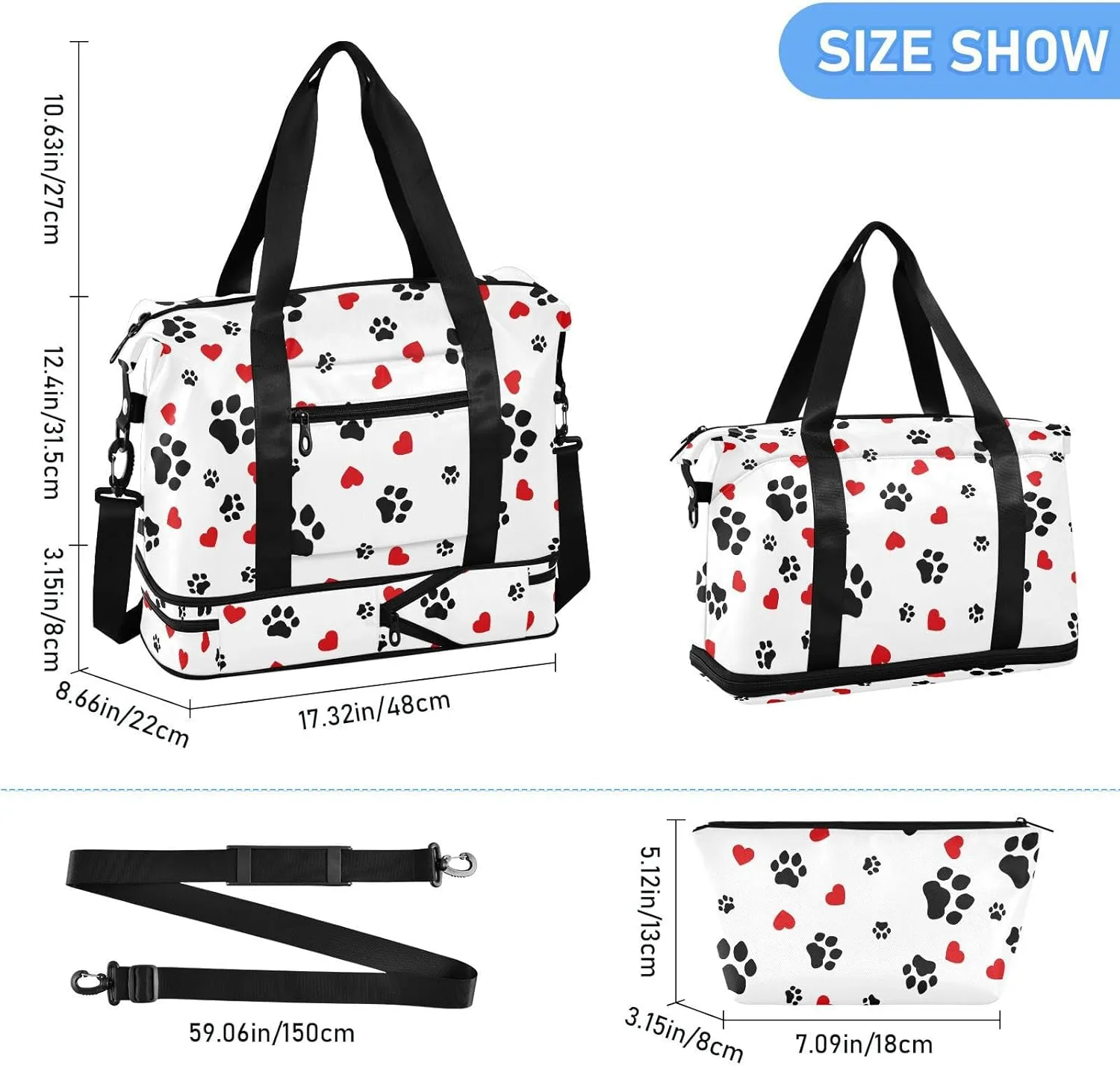 ALAZA Dog Cat Paw Print Love Heart Travel Duffel Bag for Women Men Sports Gym Bag with Shoe Compartment Tote Weekender Overnight Bags with Wet Pocket for Travel,Gym,Yoga,Swimming