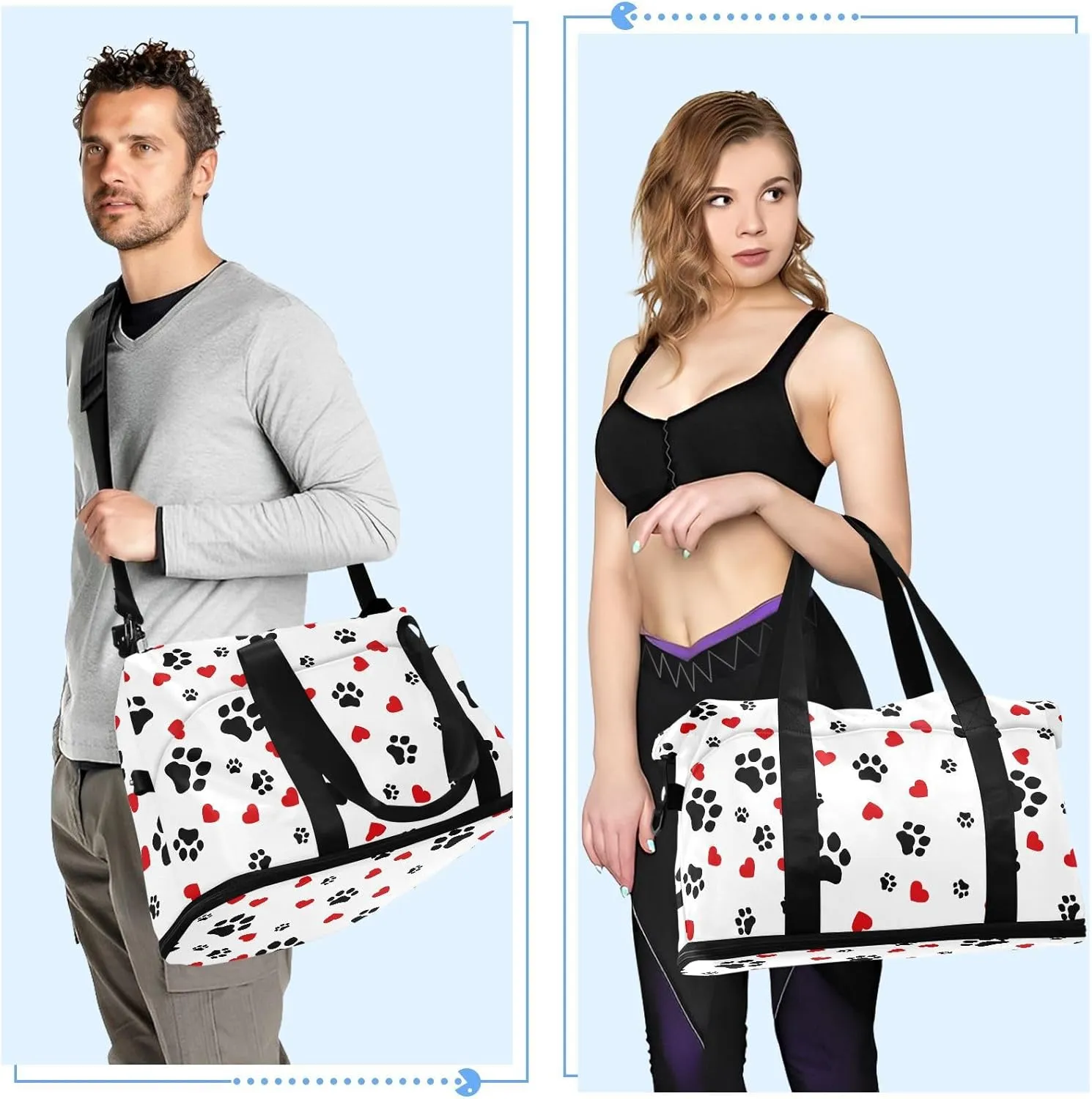 ALAZA Dog Cat Paw Print Love Heart Travel Duffel Bag for Women Men Sports Gym Bag with Shoe Compartment Tote Weekender Overnight Bags with Wet Pocket for Travel,Gym,Yoga,Swimming