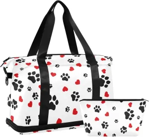 ALAZA Dog Cat Paw Print Love Heart Travel Duffel Bag for Women Men Sports Gym Bag with Shoe Compartment Tote Weekender Overnight Bags with Wet Pocket for Travel,Gym,Yoga,Swimming