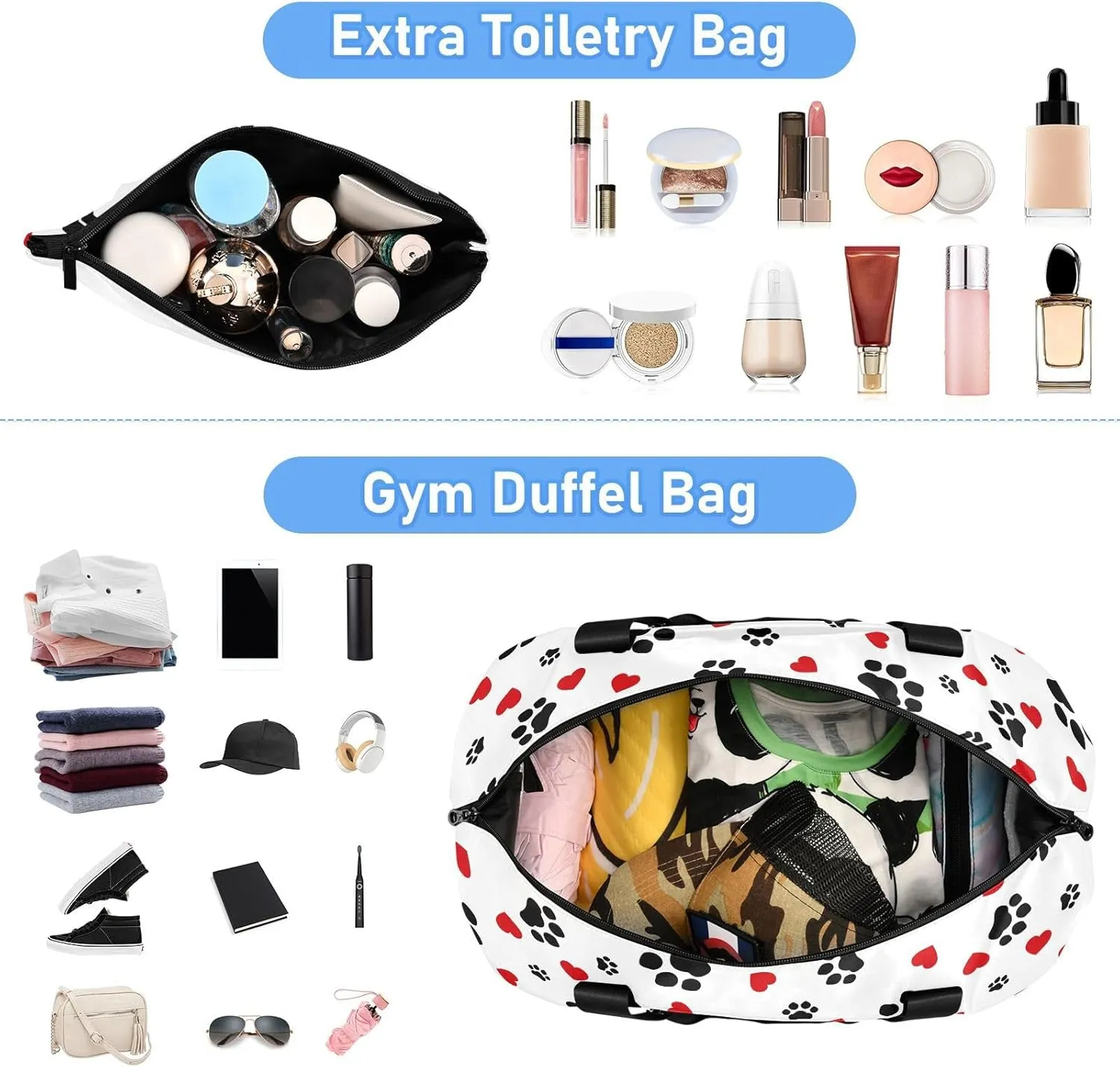 ALAZA Dog Cat Paw Print Love Heart Travel Duffel Bag for Women Men Sports Gym Bag with Shoe Compartment Tote Weekender Overnight Bags with Wet Pocket for Travel,Gym,Yoga,Swimming